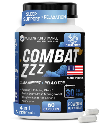 Combat ZZZ 4-in-1 Sleep Aid with Melatonin, Magnesium & L-Theanine – Non-Groggy Formula for Deep Sleep & Restful Recovery – Veteran-Founded, Made in USA (60 Capsules) | Sleep Aid for Adults - dailyvitalstore