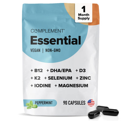 Complement Essential Vegan Multivitamin for Men & Women (30 Servings, 90 Capsules) with Omega-3 DHA & EPA, B12, Vitamin D3 & K2, Zinc, Selenium, Magnesium, Iodine - Supports Immunity & Overall Health - dailyvitalstore