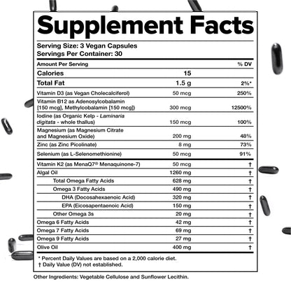 Complement Essential Vegan Multivitamin for Men & Women (30 Servings, 90 Capsules) with Omega-3 DHA & EPA, B12, Vitamin D3 & K2, Zinc, Selenium, Magnesium, Iodine - Supports Immunity & Overall Health - dailyvitalstore