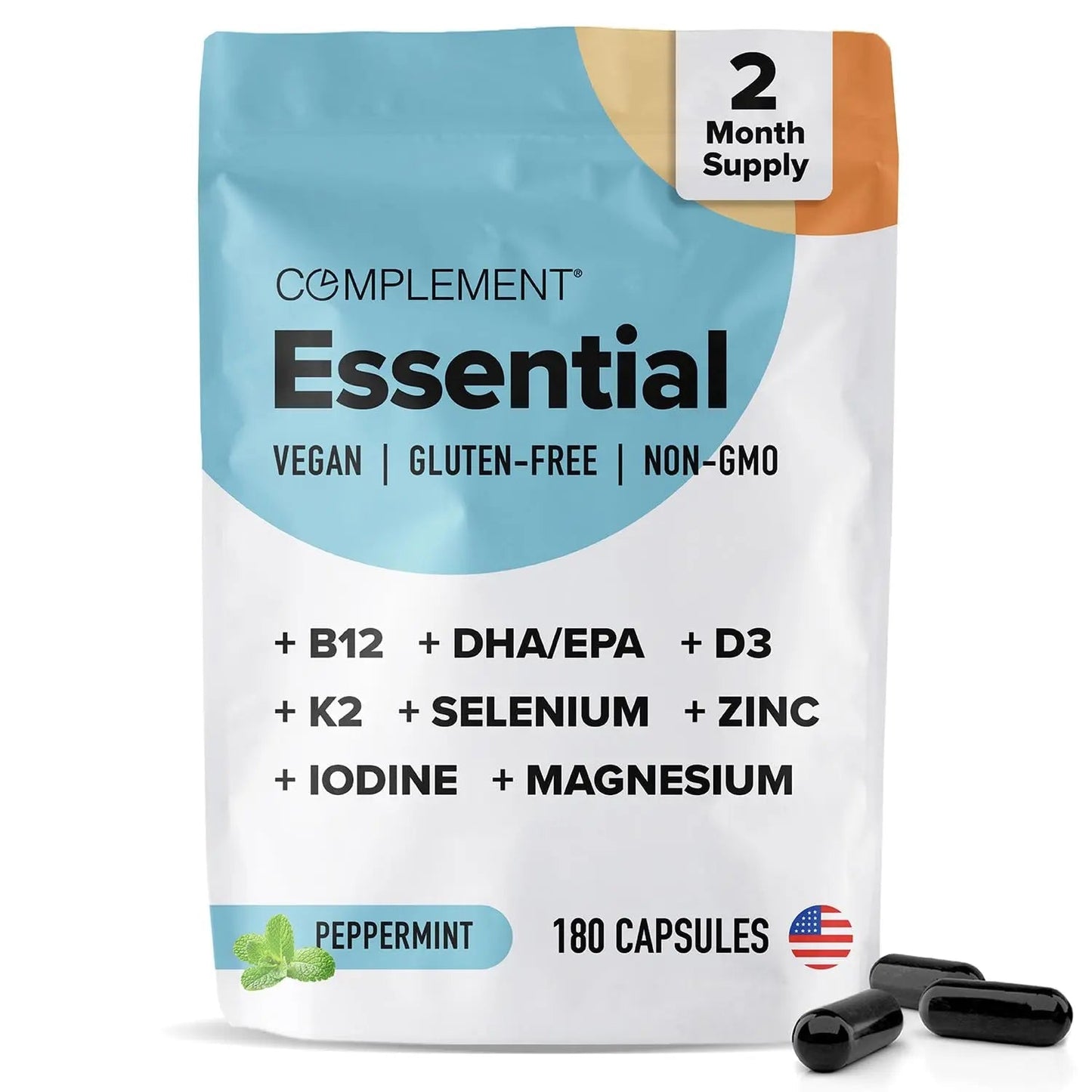 Complement Essential Vegan Multivitamin for Men & Women (60 Servings, 180 Capsules) with Omega-3 DHA & EPA, B12, Vitamin D3 & K2 - dailyvitalstore