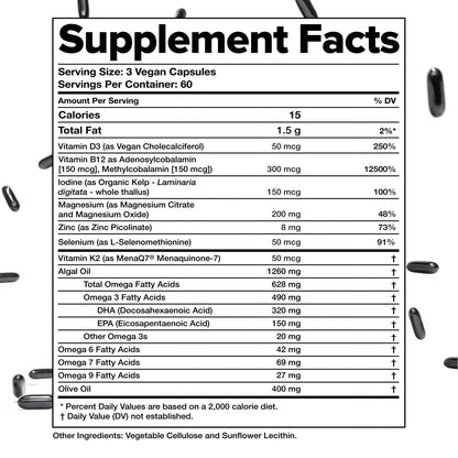 Complement Essential Vegan Multivitamin for Men & Women (60 Servings, 180 Capsules) with Omega-3 DHA & EPA, B12, Vitamin D3 & K2 - dailyvitalstore