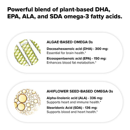 Complement Vegan Omega 3 Supplement- 960mg Omega-3 Fatty Acids, DHA, EPA, SDA, ALA Supplement - Immune Support- 60 Servings, 120 Liquid Capsules - dailyvitalstore