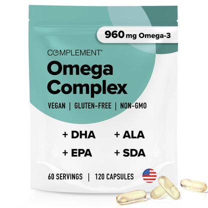Complement Vegan Omega 3 Supplement- 960mg Omega-3 Fatty Acids, DHA, EPA, SDA, ALA Supplement - Immune Support- 60 Servings, 120 Liquid Capsules - dailyvitalstore