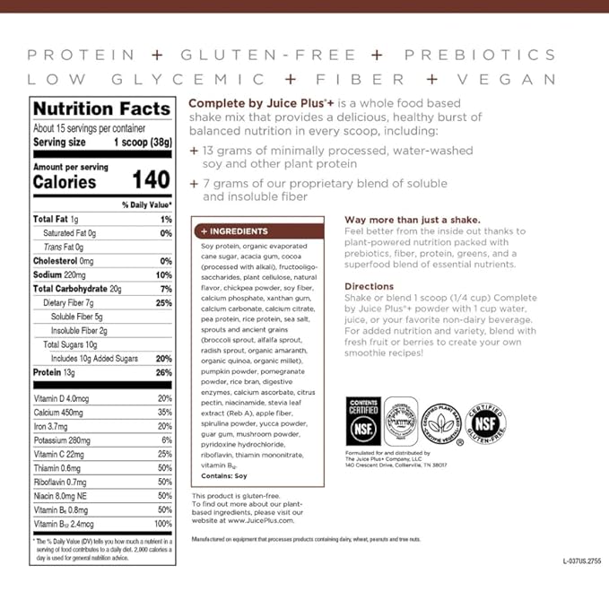 Complete by JuicePlus+ Dutch Chocolate Shakes - Plant-Based Nutrition - Whole Food Based Shake Powder with Protein, Fiber & Prebiotics - 30 Servings (2 Pouches, 15 Servings Each) - dailyvitalstore