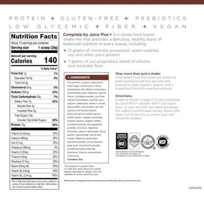 Complete by JuicePlus+ Dutch Chocolate Shakes - Plant-Based Nutrition - Whole Food Based Shake Powder with Protein, Fiber & Prebiotics - 30 Servings (2 Pouches, 15 Servings Each) - dailyvitalstore