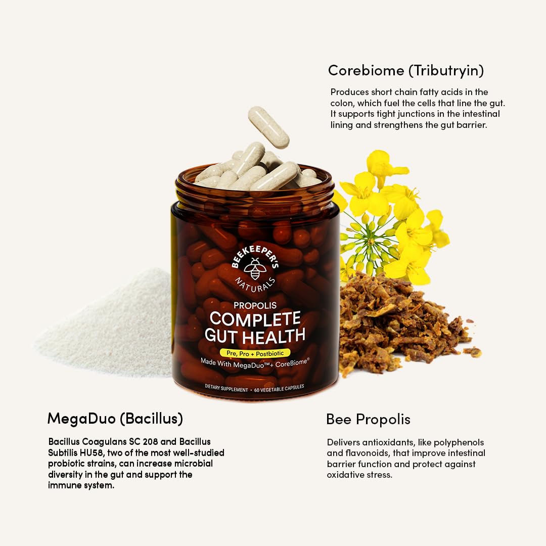 Complete Gut Health by Beekeeper's Naturals, 3-in-1 Prebiotic, Postbiotic, Probiotics for Digestive Health & Bloating Relief for Women & Men - dailyvitalstore