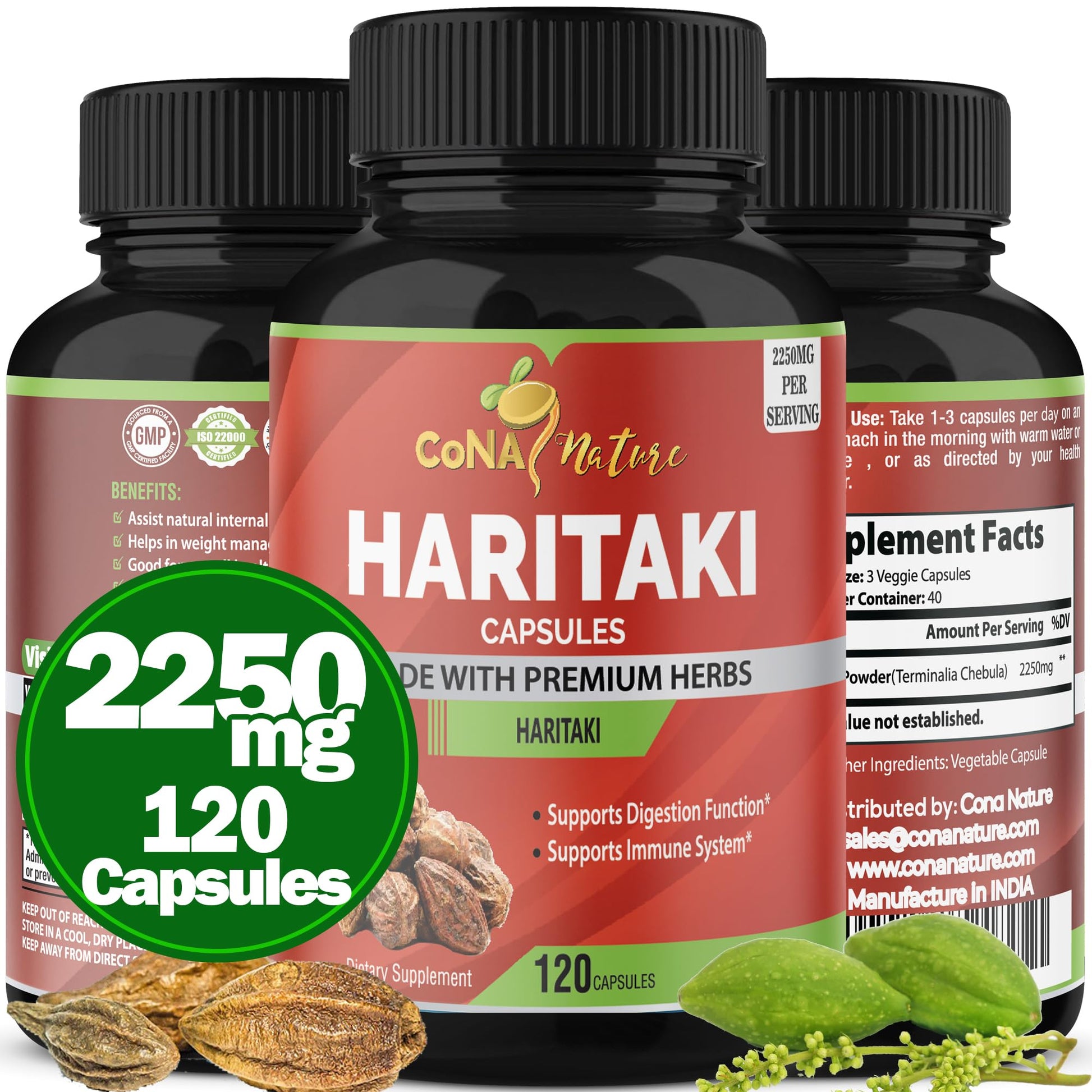 Cona Nature Organic India Haritaki Capsules 2250MG, Rejuvenation, Improving Digestion, Maintains Regularity | Non-GMO Vegan Gluten-Free Herbs and Supplements, 120 Caps - dailyvitalstore