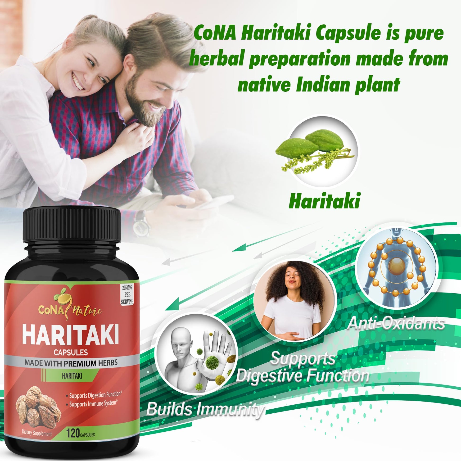 Cona Nature Organic India Haritaki Capsules 2250MG, Rejuvenation, Improving Digestion, Maintains Regularity | Non-GMO Vegan Gluten-Free Herbs and Supplements, 120 Caps - dailyvitalstore