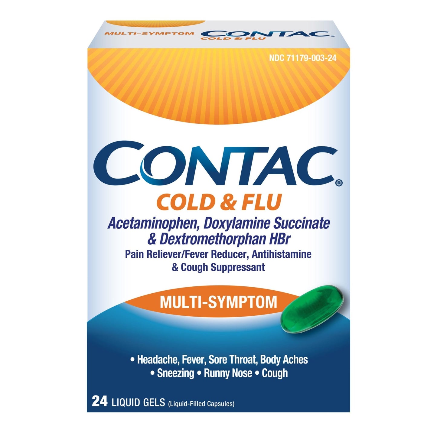 Contac Cold & Flu Medicine, Powerful, Multi-Symptom Relief for Pain, Fever, Sore Throat, Body Aches, Sneezing, Runny Nose & Cough, 24 Count Liquid Gels - dailyvitalstore