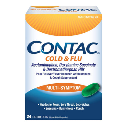 Contac Cold & Flu Medicine, Powerful, Multi-Symptom Relief for Pain, Fever, Sore Throat, Body Aches, Sneezing, Runny Nose & Cough, 24 Count Liquid Gels - dailyvitalstore