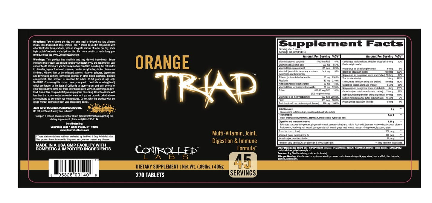 CONTROLLED LABS Orange Triad Daily Multivitamin, Iron Free Sports Supplement for Workout, Digestion, Immune, and Joints, 45 serv - Tablets (270 Count (Pack of 1)) - dailyvitalstore