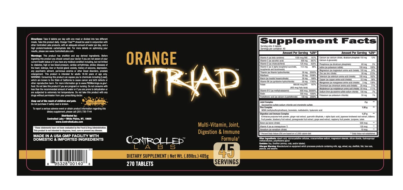 CONTROLLED LABS Orange Triad Daily Multivitamin, Iron Free Sports Supplement for Workout, Digestion, Immune, and Joints, 45 serv - Tablets (270 Count (Pack of 1)) - dailyvitalstore