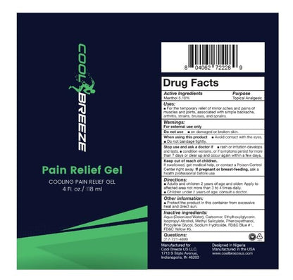 Cool Breeze Pain Relief Gel – Topical Pain Relief Gel for Arthritis, Muscle Soreness, Back Pain, Knee Pain & Joint Stiffness – Dual Heating & Cooling Menthol Formula – Non‑Greasy 4oz Tube, Made in USA - dailyvitalstore