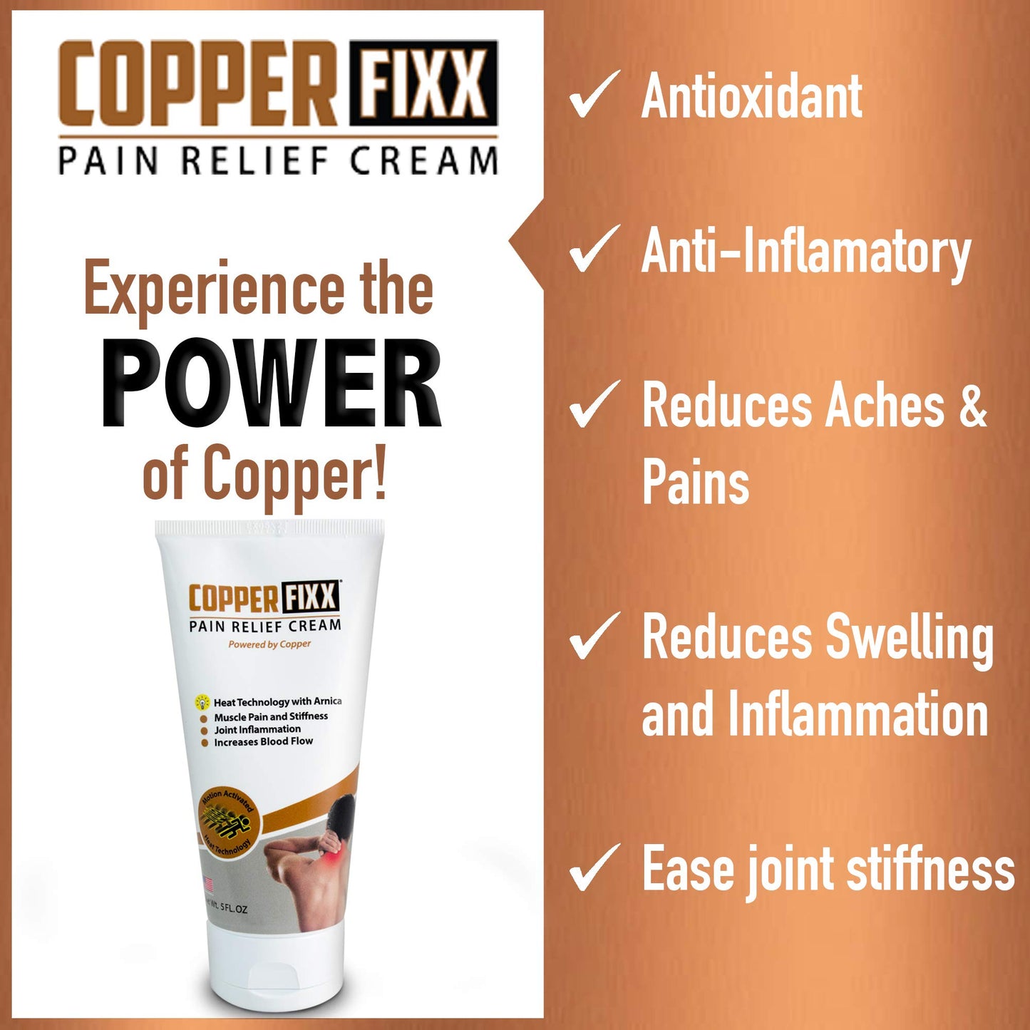 CopperFixx Pain Relief Cream, 5 Fl Oz Tube Powered by Copper with Heat Technology Arnica for Muscle & Stiffness Joint Inflammation, Knee, Back, Shoulder Arthritis Pain. Fast Acting, CF03028 - dailyvitalstore