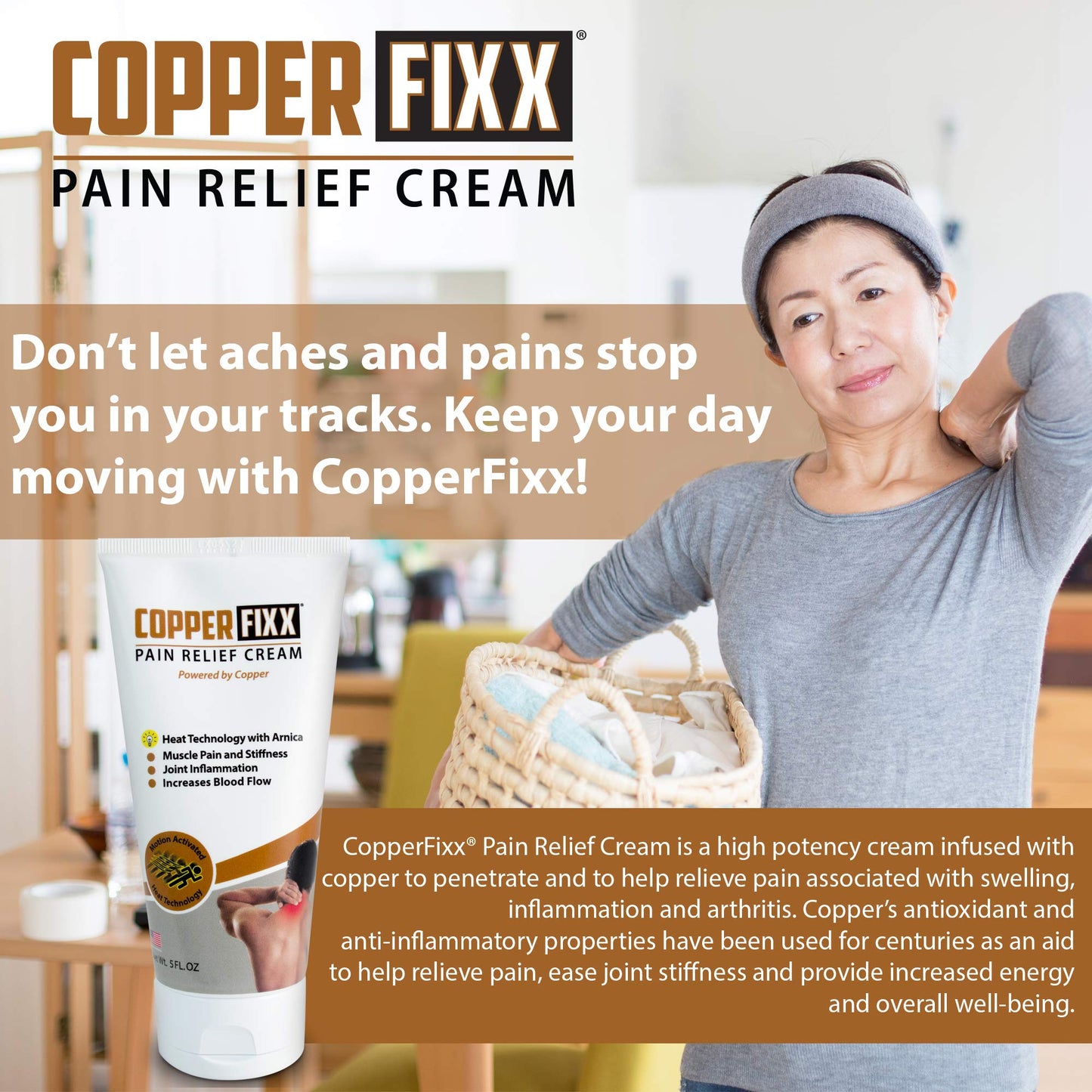 CopperFixx Pain Relief Cream, 5 Fl Oz Tube Powered by Copper with Heat Technology Arnica for Muscle & Stiffness Joint Inflammation, Knee, Back, Shoulder Arthritis Pain. Fast Acting, CF03028 - dailyvitalstore