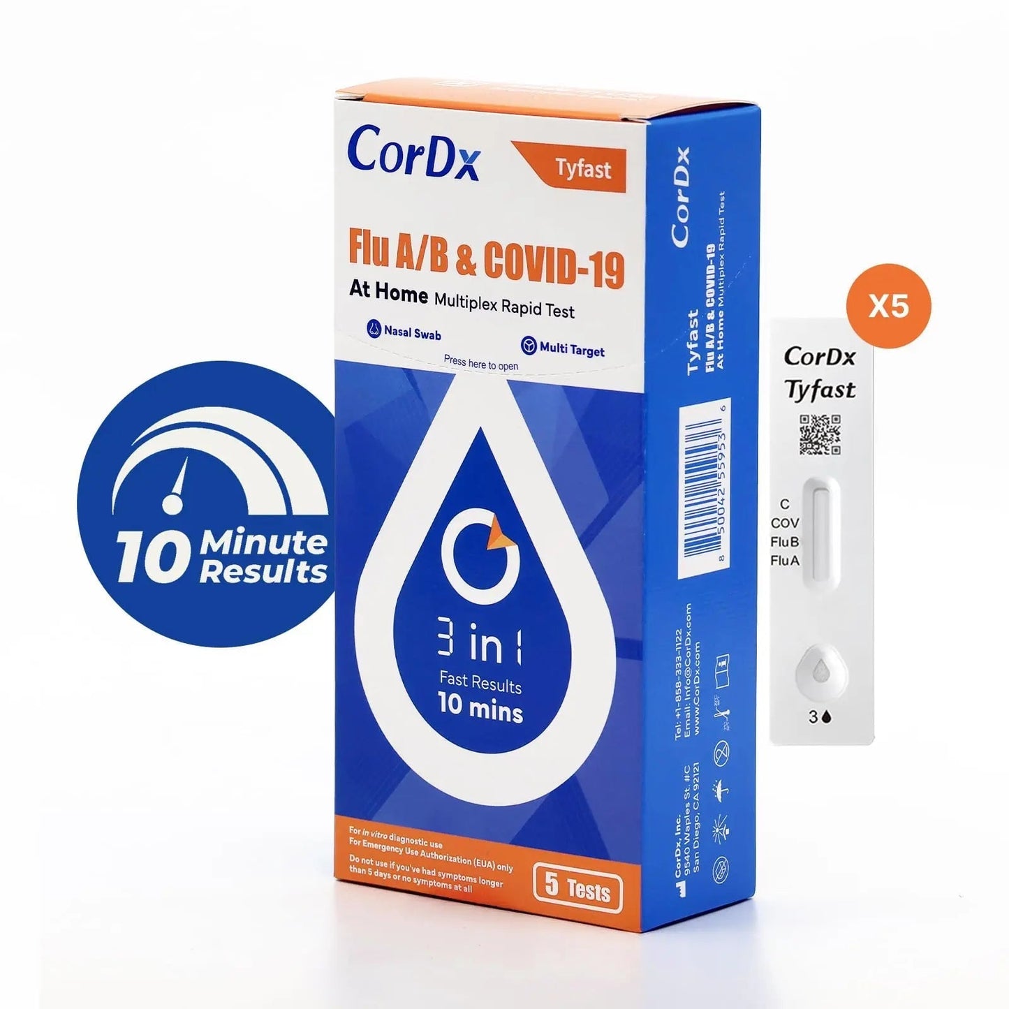 CorDx TyFast at Home Flu A/B & COVID-19 Multiplex Rapid Test Kit, Easy, Accurate, Fast Results in 10 Minutes, 3 in 1 Combo Kit, 5 Tests - dailyvitalstore