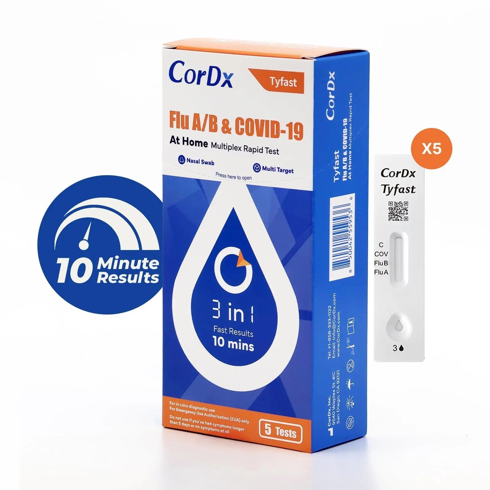 CorDx TyFast at Home Flu A/B & COVID-19 Multiplex Rapid Test Kit, Easy, Accurate, Fast Results in 10 Minutes, 3 in 1 Combo Kit, 5 Tests - dailyvitalstore