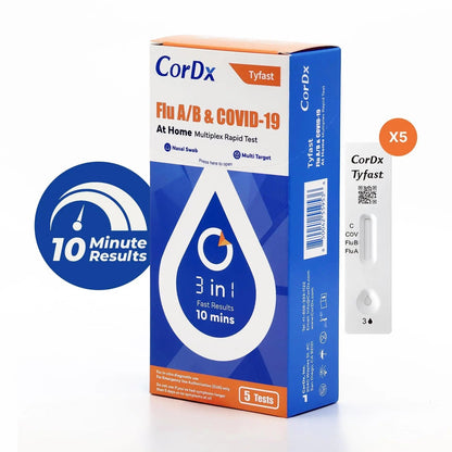 CorDx TyFast at Home Flu A/B & COVID-19 Multiplex Rapid Test Kit, Easy, Accurate, Fast Results in 10 Minutes, 3 in 1 Combo Kit, 5 Tests - dailyvitalstore