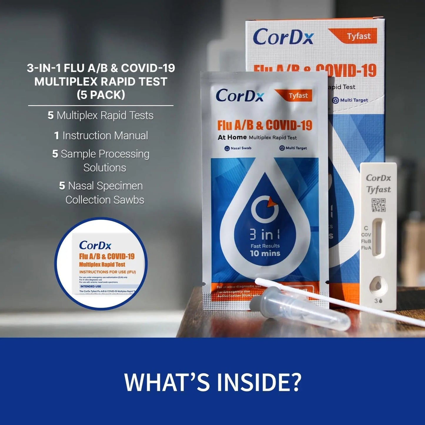 CorDx TyFast at Home Flu A/B & COVID-19 Multiplex Rapid Test Kit, Easy, Accurate, Fast Results in 10 Minutes, 3 in 1 Combo Kit, 5 Tests - dailyvitalstore