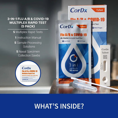 CorDx TyFast at Home Flu A/B & COVID-19 Multiplex Rapid Test Kit, Easy, Accurate, Fast Results in 10 Minutes, 3 in 1 Combo Kit, 5 Tests - dailyvitalstore
