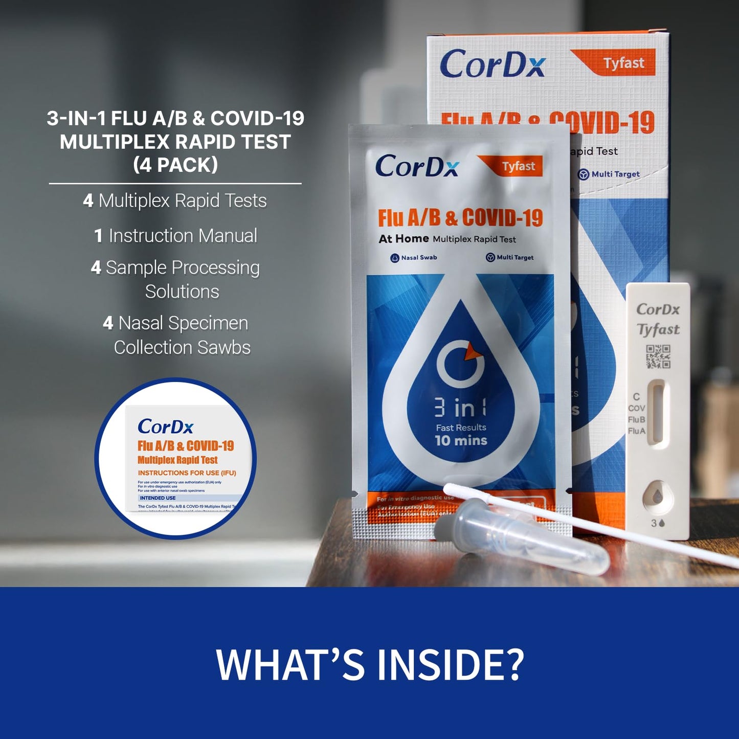 CorDx TyFast Flu A/B & COVID-19 At-Home Multiplex Rapid Test Kit, 3-in-1 Antigen Test, Results in 10 Minutes, EUA Authorized OTC, 4 Tests - dailyvitalstore