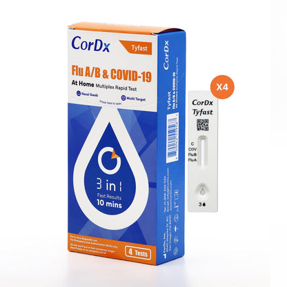 CorDx TyFast Flu A/B & COVID-19 At-Home Multiplex Rapid Test Kit, 3-in-1 Antigen Test, Results in 10 Minutes, EUA Authorized OTC, 4 Tests - dailyvitalstore