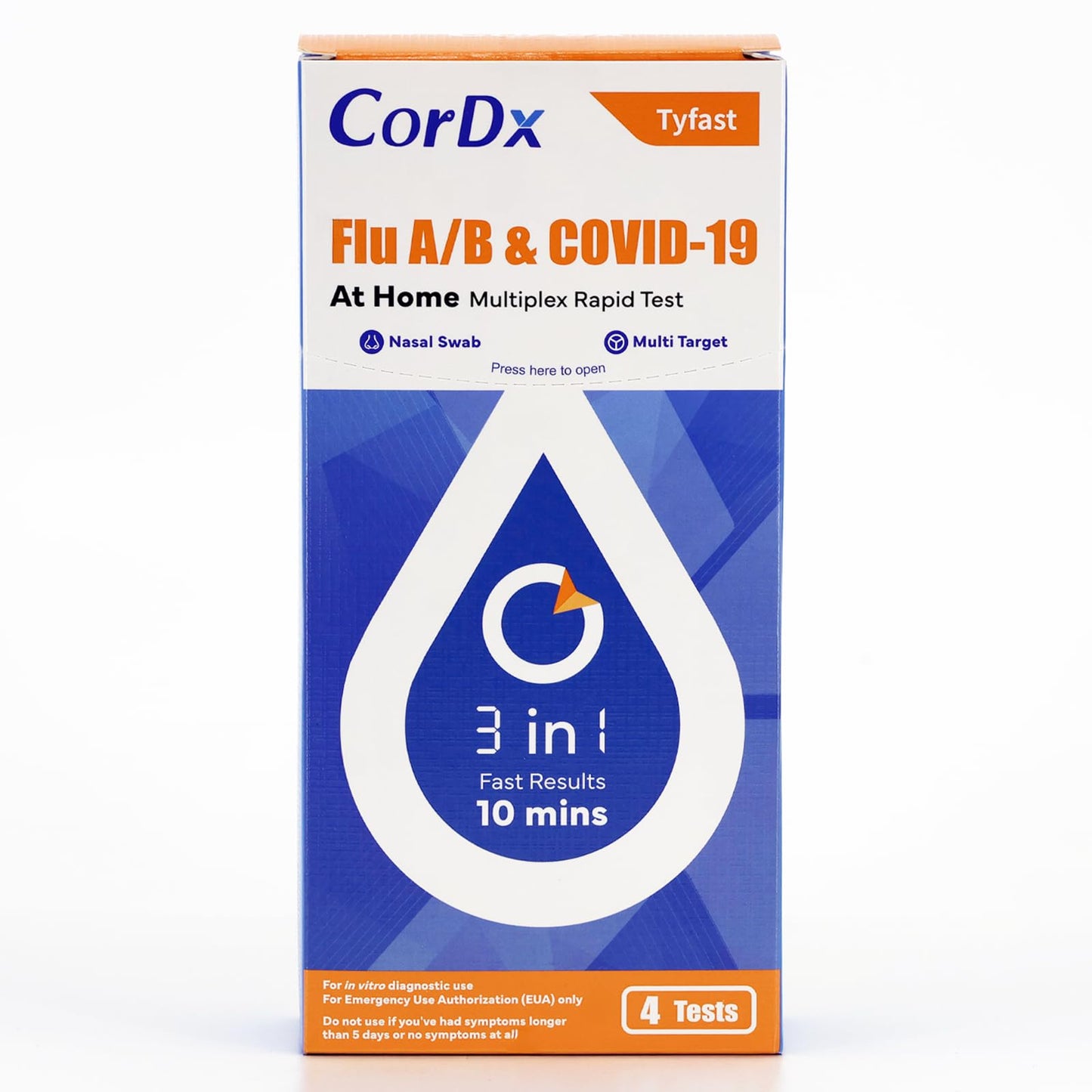 CorDx TyFast Flu A/B & COVID-19 At-Home Multiplex Rapid Test Kit, 3-in-1 Antigen Test, Results in 10 Minutes, EUA Authorized OTC, 4 Tests - dailyvitalstore