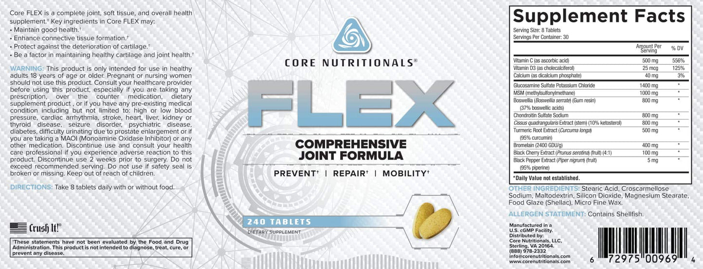 Core Nutritionals Flex Comprehensive Joint Formula | Promotes Healthy Tendons, Ligaments, & Cartilage | Improve Mobility | Antioxidants for Recovery | 240 Tablets - dailyvitalstore
