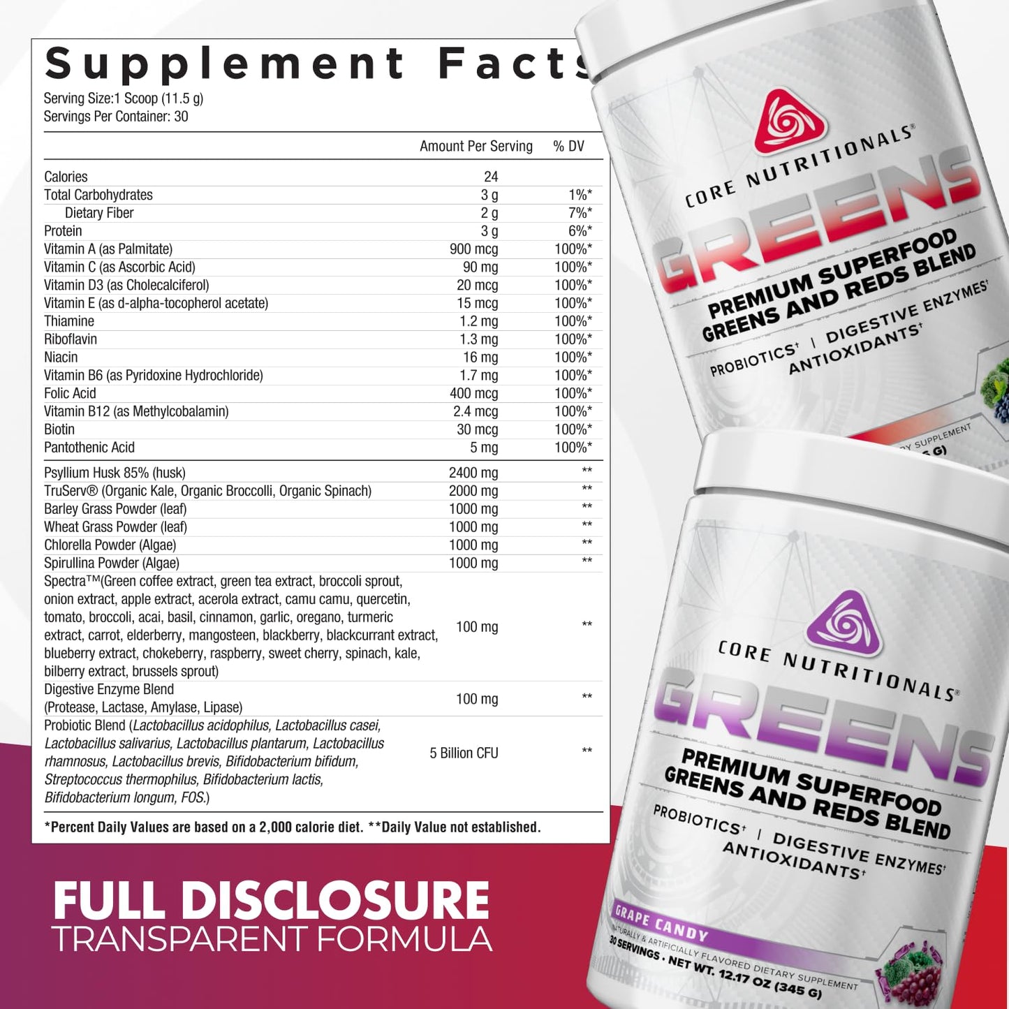 Core Nutritionals Greens | Premium Superfood Reds & Greens Blend | 5 Billion CFU Probiotics, Digestive Enzymes, & Antioxidants | 30 Servings (Berry Bliss) - dailyvitalstore