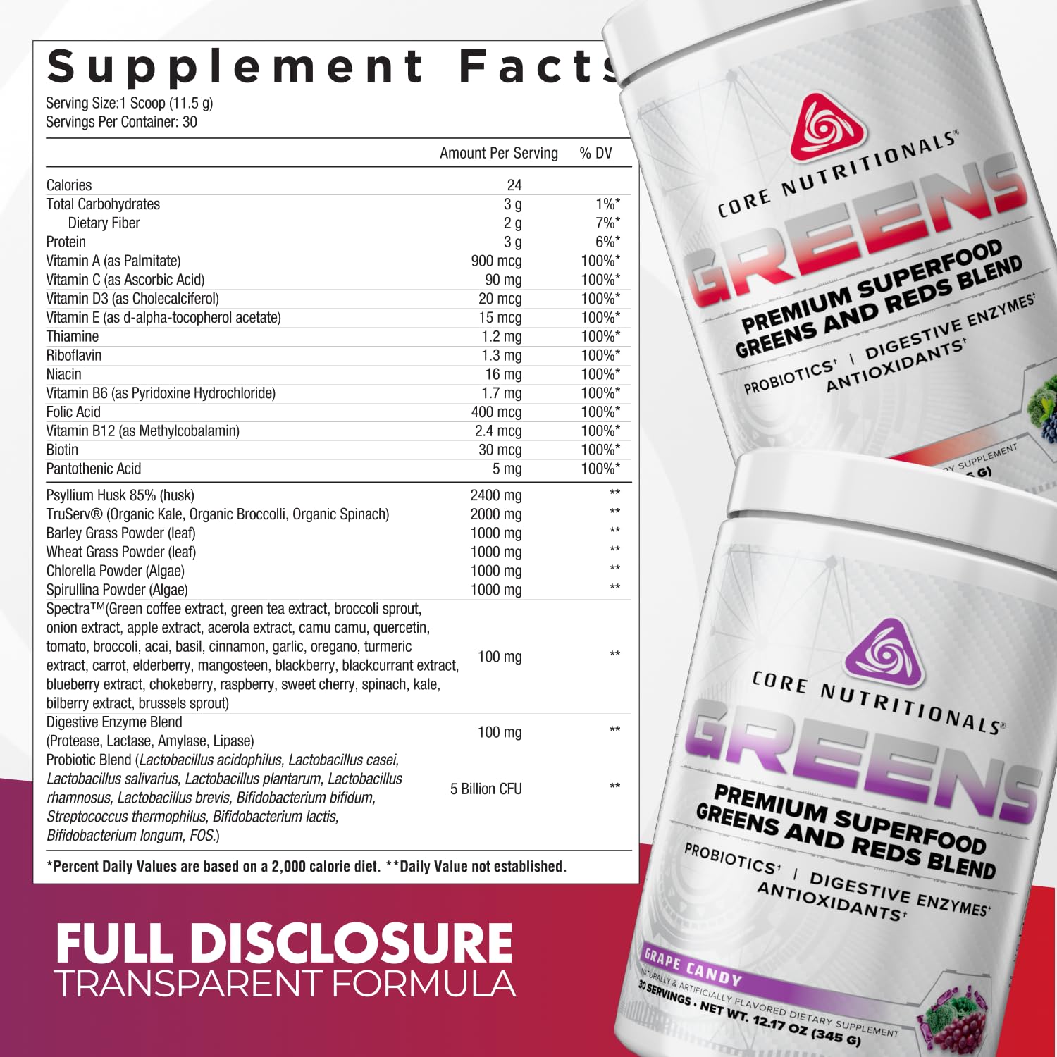 Core Nutritionals Greens | Premium Superfood Reds & Greens Blend | 5 Billion CFU Probiotics, Digestive Enzymes, & Antioxidants | 30 Servings (Berry Bliss) - dailyvitalstore