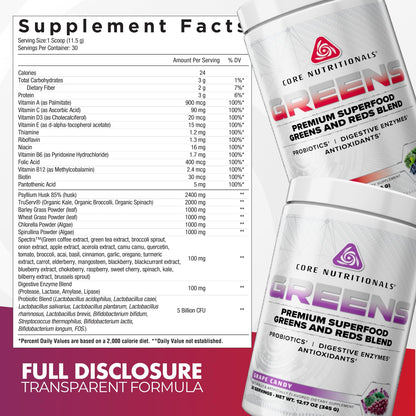 Core Nutritionals Greens | Premium Superfood Reds & Greens Blend | 5 Billion CFU Probiotics, Digestive Enzymes, & Antioxidants | 30 Servings (Berry Bliss) - dailyvitalstore