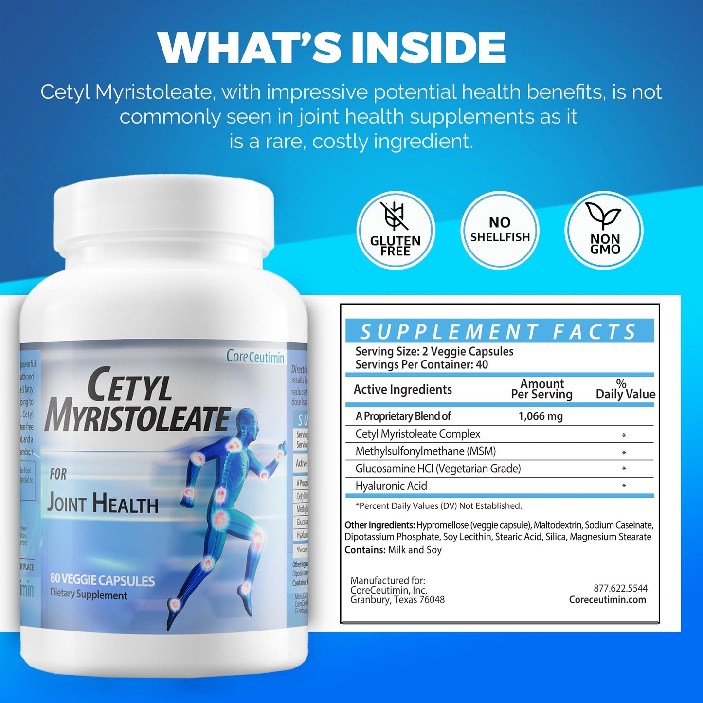CoreCeutimin Cetyl Myristoleate - Omega 5 Fatty Acid - Ultra Support for Relief from Joint Discomfort and Stiffness - Also Includes Glucosamine, MSM & Hyaluronic Acid - 80 Capsules - dailyvitalstore