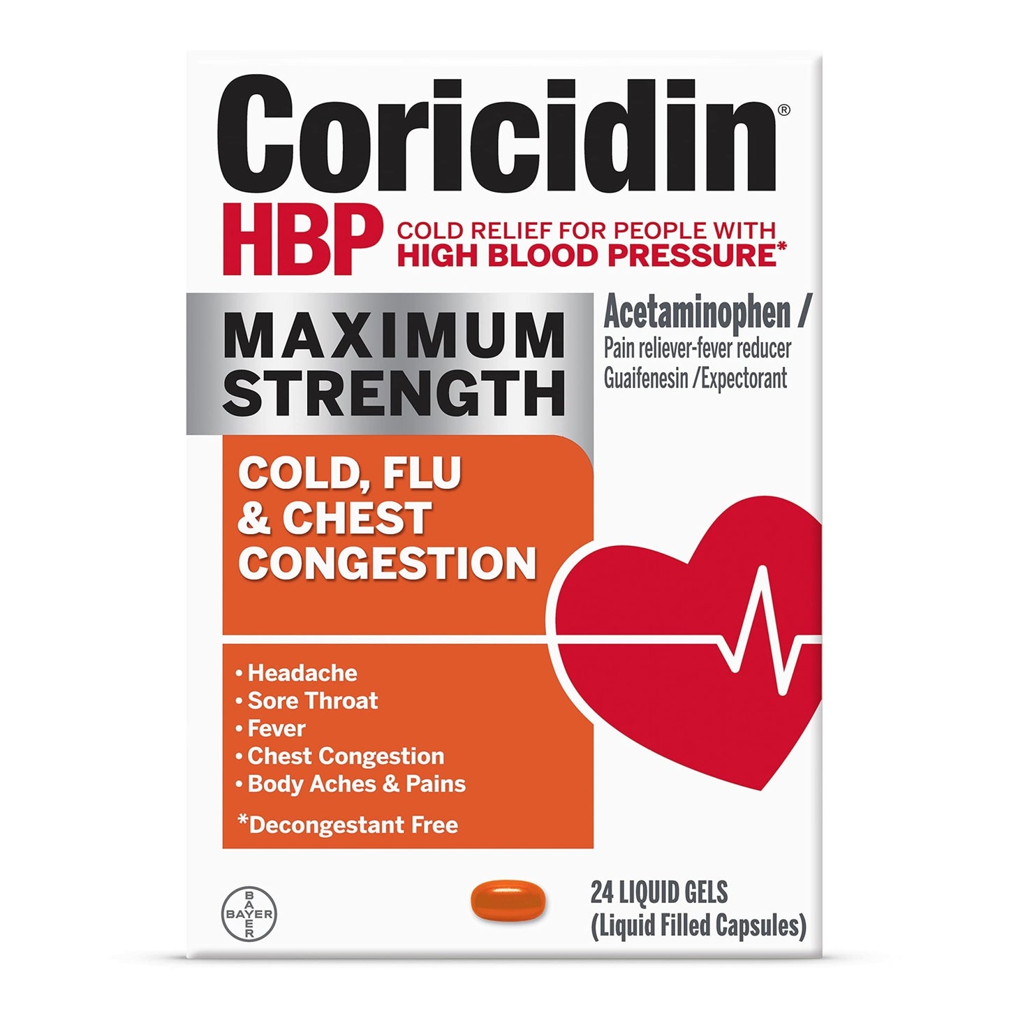 Coricidin HBP, Decongestant-Free Cold Symptom Relief for People with High Blood Pressure, Maximum Strength, Flu & Chest Congestion Liquid Gels, 24 Count - dailyvitalstore