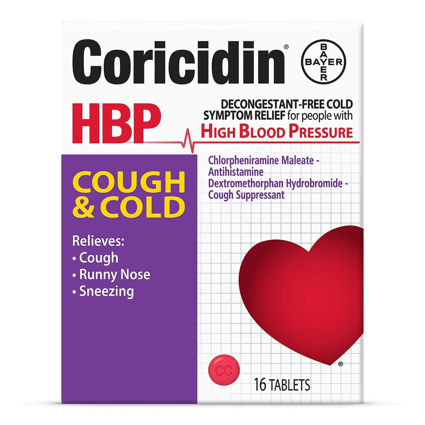 Coricidin HBP Decongestant-Free Cough and Cold Medicine - Specially Designed Relief for High Blood Pressure, Cough, Runny Nose, Sneezing and Cold Symptoms (16 Count) - dailyvitalstore