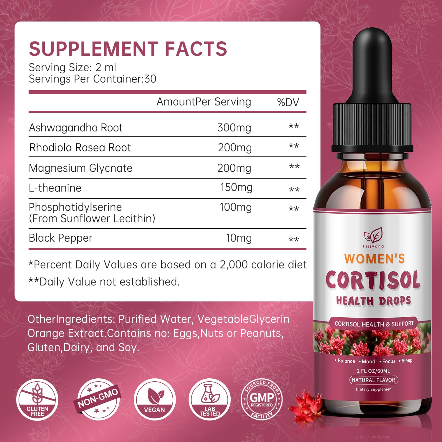 Cortisol Manager Liquid Drops, Cortisol Supplements for Women, with magnesium ashwagandha, rhodiola rosea,l-theanine,Phosphatidylserine-Promote Relaxation and Support Mood- 30 Day Vegan Supply - dailyvitalstore