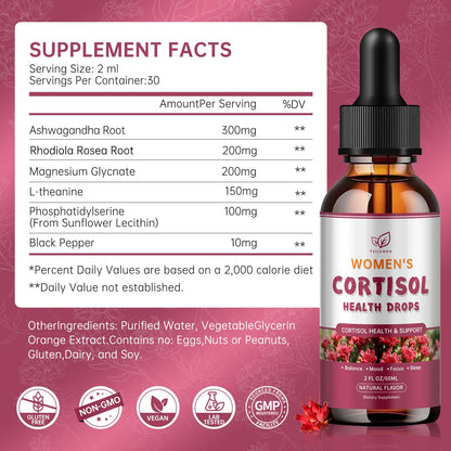 Cortisol Manager Liquid Drops, Cortisol Supplements for Women, with magnesium ashwagandha, rhodiola rosea,l-theanine,Phosphatidylserine-Promote Relaxation and Support Mood- 30 Day Vegan Supply - dailyvitalstore