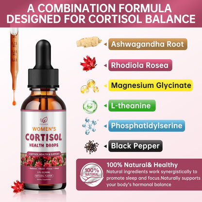 Cortisol Manager Liquid Drops, Cortisol Supplements for Women, with magnesium ashwagandha, rhodiola rosea,l-theanine,Phosphatidylserine-Promote Relaxation and Support Mood- 30 Day Vegan Supply - dailyvitalstore