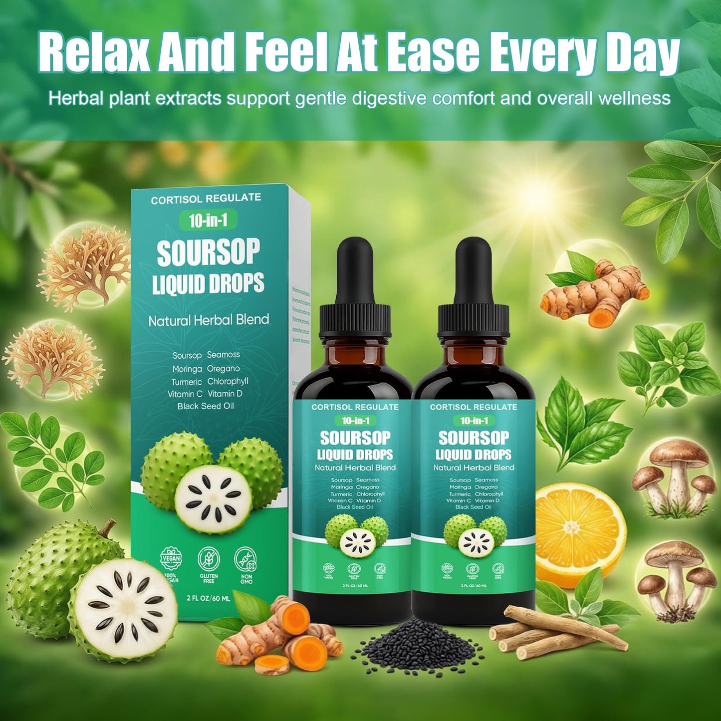 CORTISOL REGULATE Soursop Liquid Drops, 10-in-1 Blend with Sea Moss, Moringa, Turmeric, Black Seed Oil, Oregano, and More, 2 fl oz (1 Pack) - dailyvitalstore