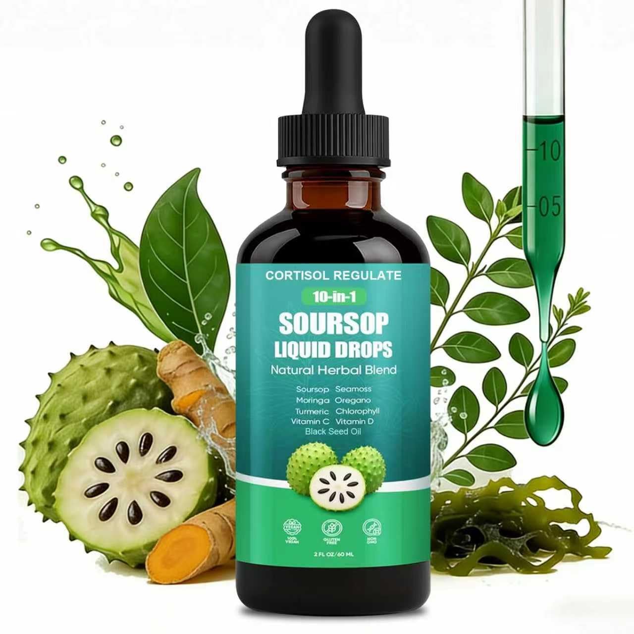 CORTISOL REGULATE Soursop Liquid Drops, 10-in-1 Blend with Sea Moss, Moringa, Turmeric, Black Seed Oil, Oregano, and More, 2 fl oz (1 Pack) - dailyvitalstore