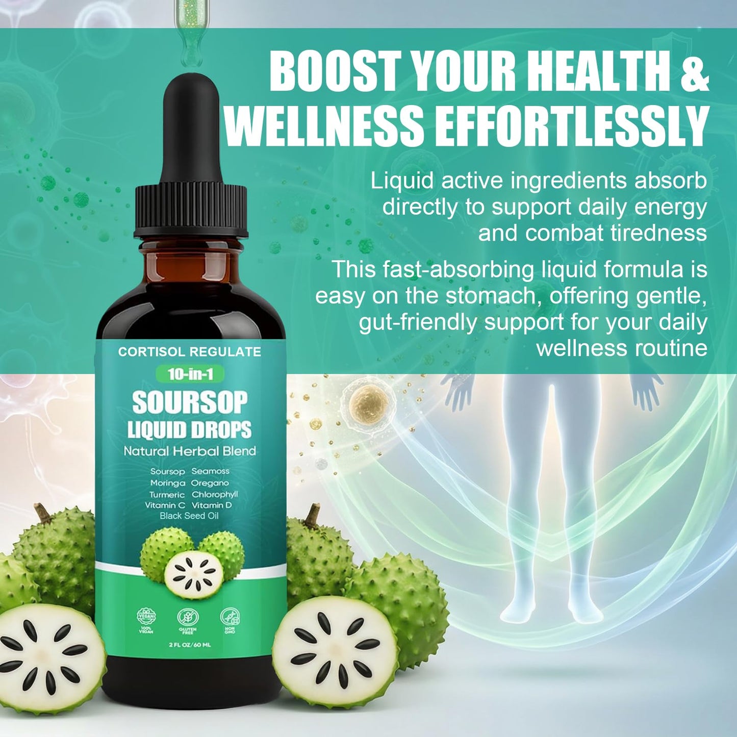 CORTISOL REGULATE Soursop Liquid Drops, 10-in-1 Blend with Sea Moss, Moringa, Turmeric, Black Seed Oil, Oregano, and More, 2 fl oz (1 Pack) - dailyvitalstore