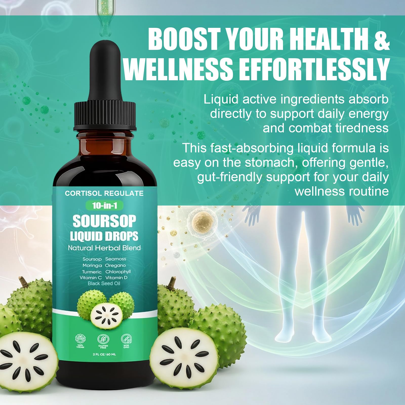 CORTISOL REGULATE Soursop Liquid Drops, 10-in-1 Blend with Sea Moss, Moringa, Turmeric, Black Seed Oil, Oregano, and More, 2 fl oz (1 Pack) - dailyvitalstore