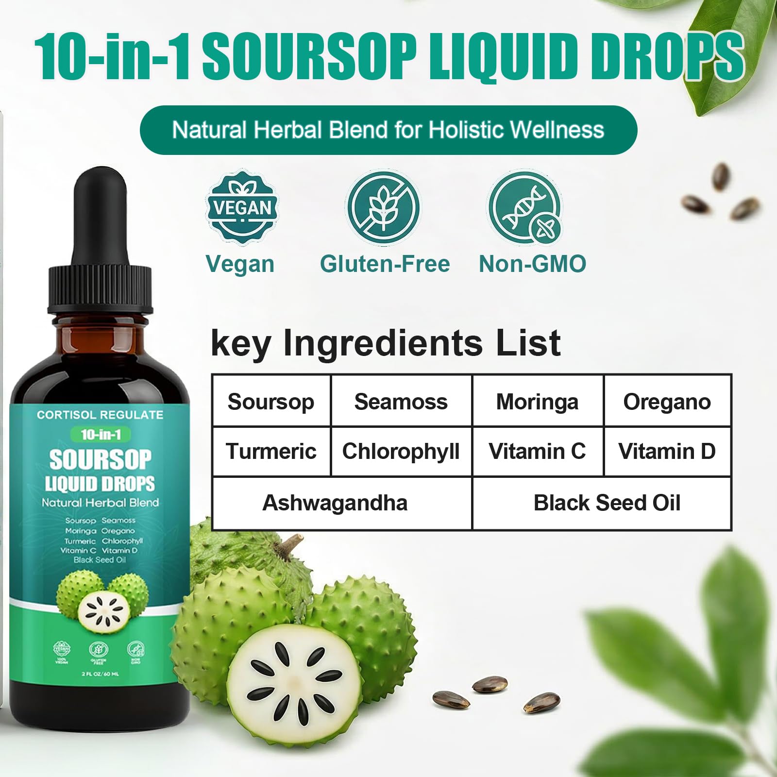 CORTISOL REGULATE Soursop Liquid Drops, 10-in-1 Blend with Sea Moss, Moringa, Turmeric, Black Seed Oil, Oregano, and More, 2 fl oz (1 Pack) - dailyvitalstore