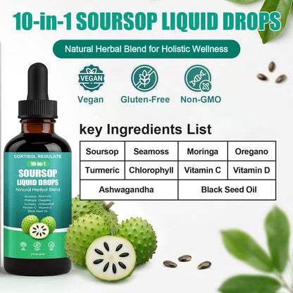 CORTISOL REGULATE Soursop Liquid Drops, 10-in-1 Blend with Sea Moss, Moringa, Turmeric, Black Seed Oil, Oregano, and More, 2 fl oz (1 Pack) - dailyvitalstore