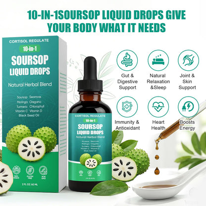 CORTISOL REGULATE Soursop Liquid Drops, 10-in-1 Blend with Sea Moss, Moringa, Turmeric, Black Seed Oil, Oregano, and More, 2 fl oz (1 Pack) - dailyvitalstore
