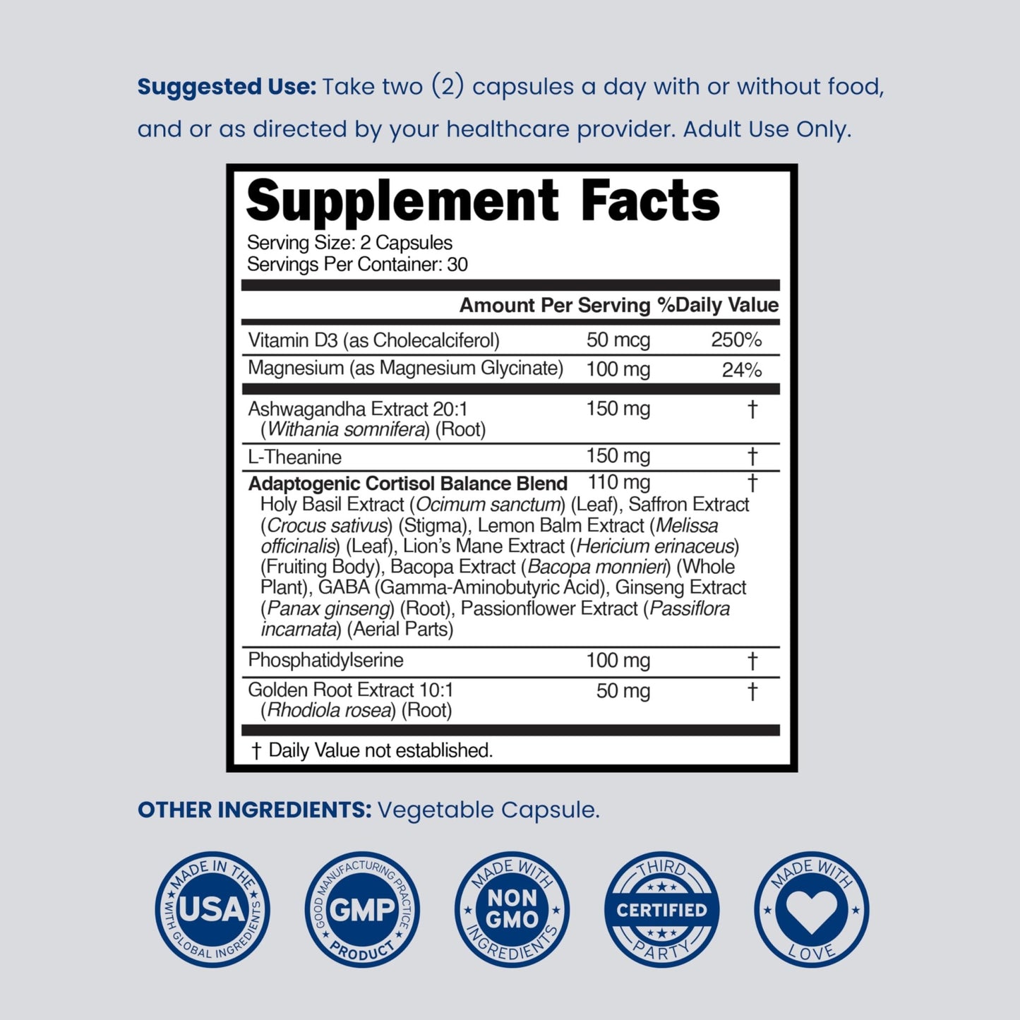 Cortisol Supplements for Women & Men with 14 in1 Blend (Magnesium, Ashwagandha, L Theanine & More) Healthy Cortisol Balance & Calm Mood Support - Third Party Tested, Non GMO, USA Made - 60 Count - dailyvitalstore