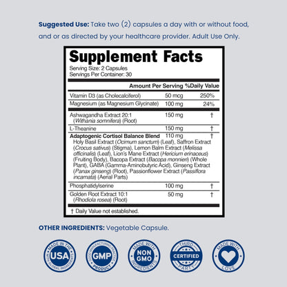 Cortisol Supplements for Women & Men with 14 in1 Blend (Magnesium, Ashwagandha, L Theanine & More) Healthy Cortisol Balance & Calm Mood Support - Third Party Tested, Non GMO, USA Made - 60 Count - dailyvitalstore