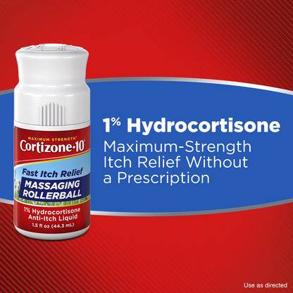 Cortizone-10 Maximum Strength Itch Relief Massaging Rollerball, 1% Hydrocortisone, Fast-Acting, Anti-Itch Liquid for Bug Bites, Rash, Eczema, Psoriasis, Poison Ivy, Oak, Sumac, 1.5 fl. oz - dailyvitalstore