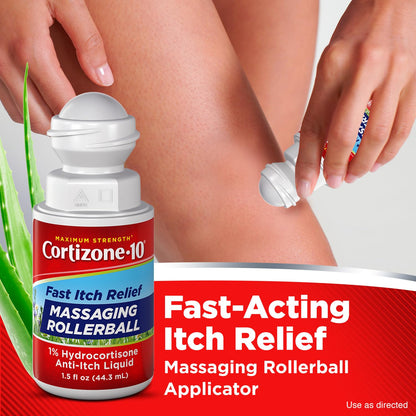 Cortizone-10 Maximum Strength Itch Relief Massaging Rollerball, 1% Hydrocortisone, Fast-Acting, Anti-Itch Liquid for Bug Bites, Rash, Eczema, Psoriasis, Poison Ivy, Oak, Sumac, 1.5 fl. oz - dailyvitalstore