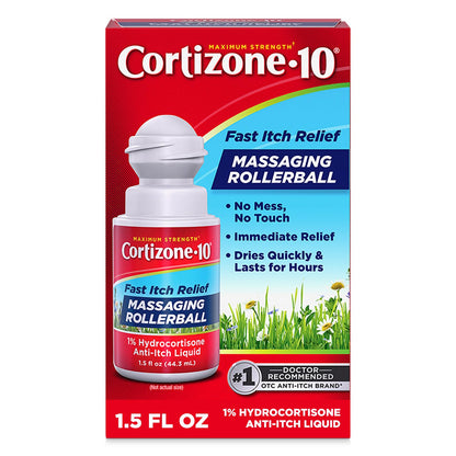 Cortizone-10 Maximum Strength Itch Relief Massaging Rollerball, 1% Hydrocortisone, Fast-Acting, Anti-Itch Liquid for Bug Bites, Rash, Eczema, Psoriasis, Poison Ivy, Oak, Sumac, 1.5 fl. oz - dailyvitalstore