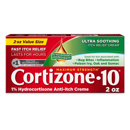 Cortizone-10 Maximum Strength Ultra Soothing Itch Relief Cream, 1% Hydrocortisone, Fast-Acting, Anti-Itch Cream for Bug Bites, Rash, Eczema, Psoriasis, Poison Ivy, Oak, Sumac & More, 2 oz - dailyvitalstore